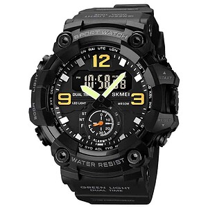 Digital sports watch with analog and digital display, water-resistant up to 50 meters, durable robust design, LED light, alarm, dual time, and stopwatch features.