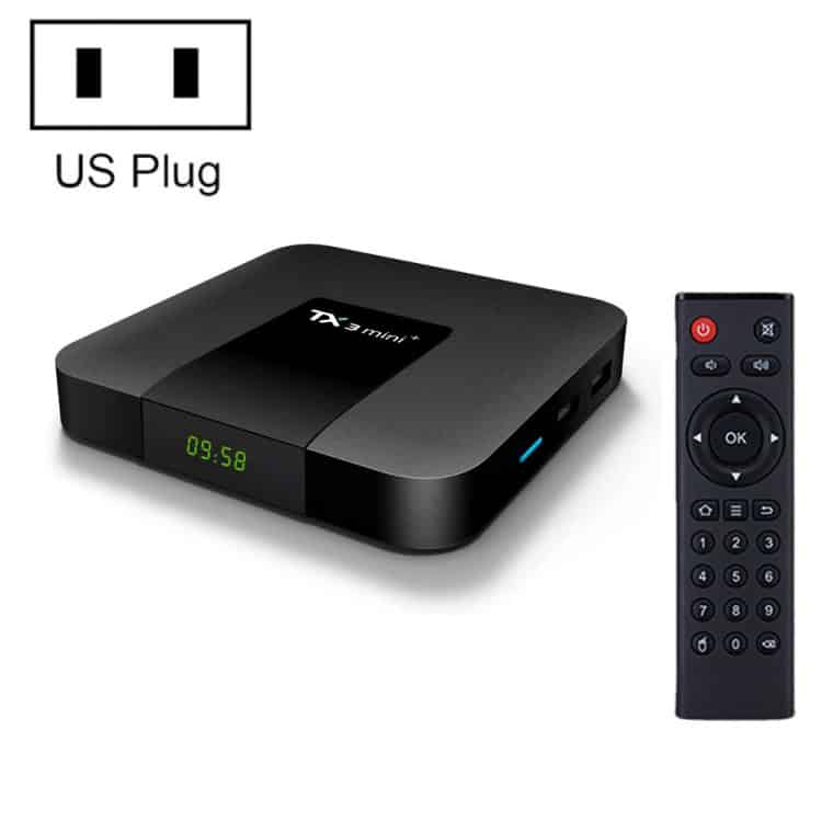 Amlogic S905W2 Quad Core Android 11.0 TV Box - TX3 mini+ Turbo Speed 1 Black Android Tv Box With A Digital Display And A Remote Control Beside It.