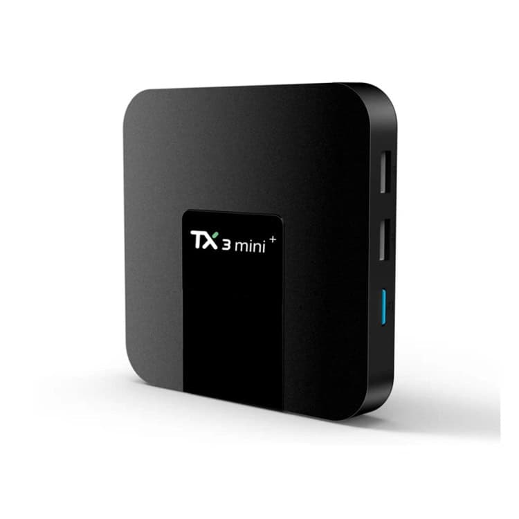 Amlogic S905W2 Quad Core Android 11.0 TV Box - TX3 mini+ Turbo Speed 3 Tx 3 Mini+ Streaming Device In Black With Two Usb Ports And A Blue Indicator Light.