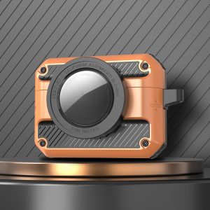 Rechargeable GPS tracker device with rugged orange and black design, waterproof and GPS-enabled, ideal for outdoor tracking and security. suitable for personal, vehicle, or asset tracking applications.