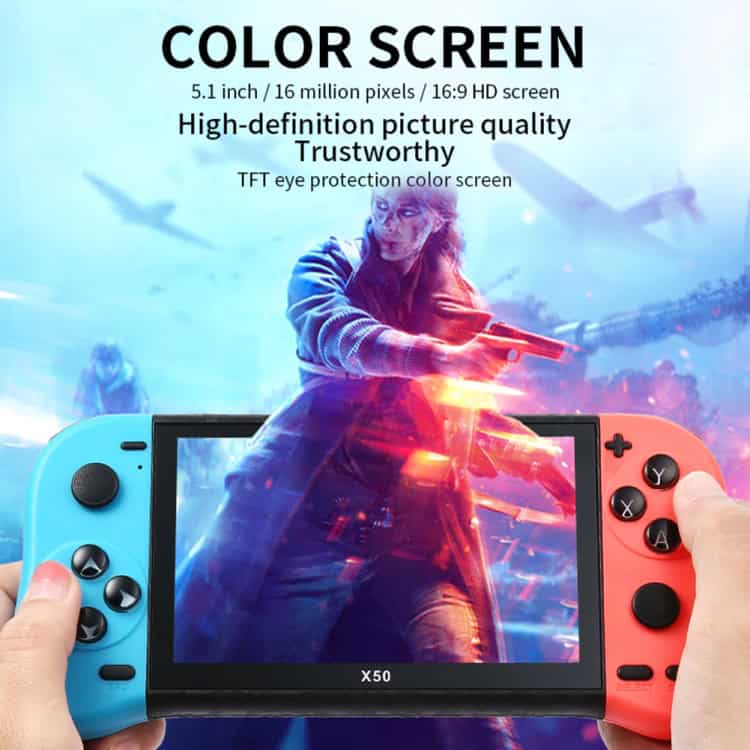X50 Max 5.1" Double Player Handheld Game Console, 6000+ Games - Ultimate Fun! 3 High-Definition Color Screen On Portable Gaming Device With Vivid Display And Ergonomic Controls For Immersive Gameplay.