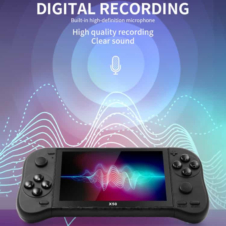 X50 Max 5.1" Double Player Handheld Game Console, 6000+ Games - Ultimate Fun! 4 Digital Recording, Handheld Gaming Console With Built-In Microphone For High-Quality Sound, Ideal For Content Creation And Streaming, Showcasing Clear Audio And User-Friendly Features.