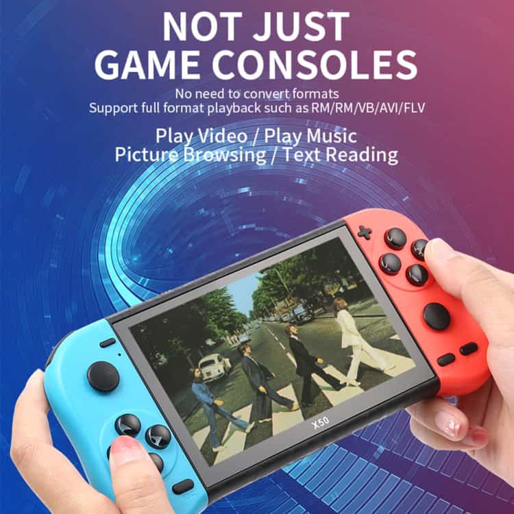 X50 Max 5.1" Double Player Handheld Game Console, 6000+ Games - Ultimate Fun! 5 Handheld Portable Gaming Console With Vibrant Blue And Red Controllers, Displaying A Scene From Abbey Road. Ideal For Gaming, Video Playback, Music, And Text Reading. Perfect For Versatile Multimedia Use.