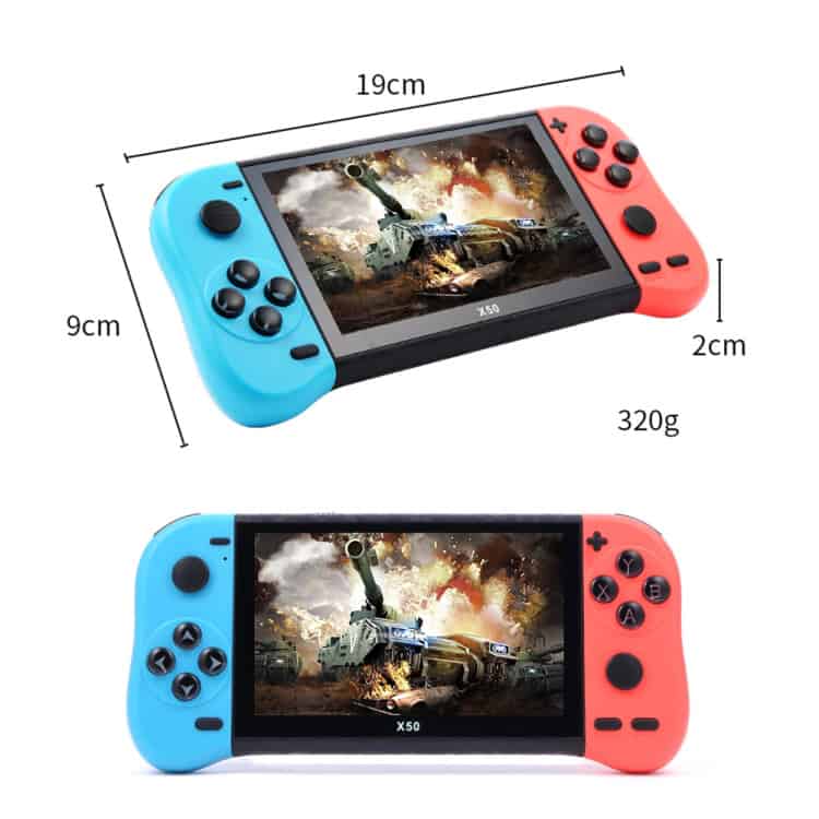 X50 Max 5.1" Double Player Handheld Game Console, 6000+ Games - Ultimate Fun! 7 2. Portable Gaming Console With Blue And Red Controllers, 19Cm By 9Cm By 2Cm, Featuring A High-Resolution Screen Displaying An Action Game With Tanks And Explosions.