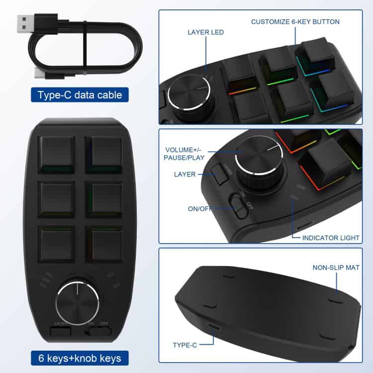 RGB 6-Key Mechanical Gaming Keypad with Custom Programming and Knob 3 Type-C Data Cable For Electronic Devices And Gaming Equipment.