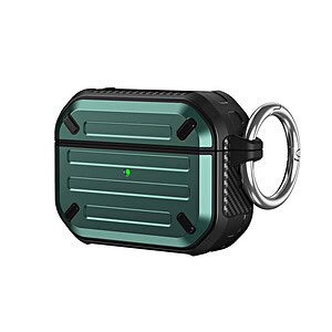 Wireless Bluetooth earbud case with keyring attachment, lightweight compact charging station for portable audio accessories, black and green design.
