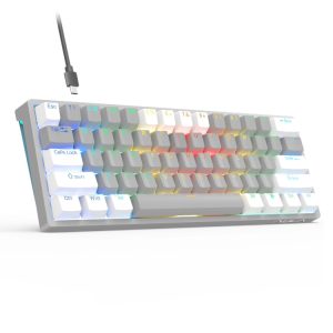 RGB backlit mechanical gaming keyboard with colorful lighting effects, wired connection, and compact design for gamers and computer enthusiasts.