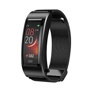 Fitness tracker smartwatch with digital display and health monitoring features.
