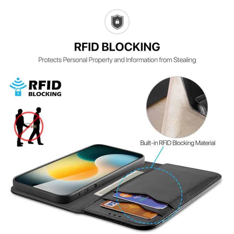 DUX DUCIS Hivo Series Cowhide Flip Case for iPhone 17 & 16 - Luxurious Protection 3 Rfid Blocking Wallet With Built-In Rfid Blocking Material, Designed To Protect Personal Property And Credit Cards From Theft, Featuring Sleek Black Design And Secure Compartment For Cards And Cash.