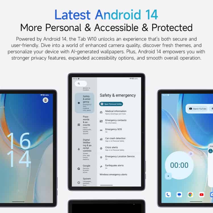 Ulefone Tab W10 10.1" Octa Core Android 14 Tablet PC, EU Plug - WiFi Enabled 12 Android 14 Update On Tablet Screens Showcasing Enhanced Privacy And Safety Features, Personalized Settings, And User-Friendly Interface For Secure Mobile Experience.