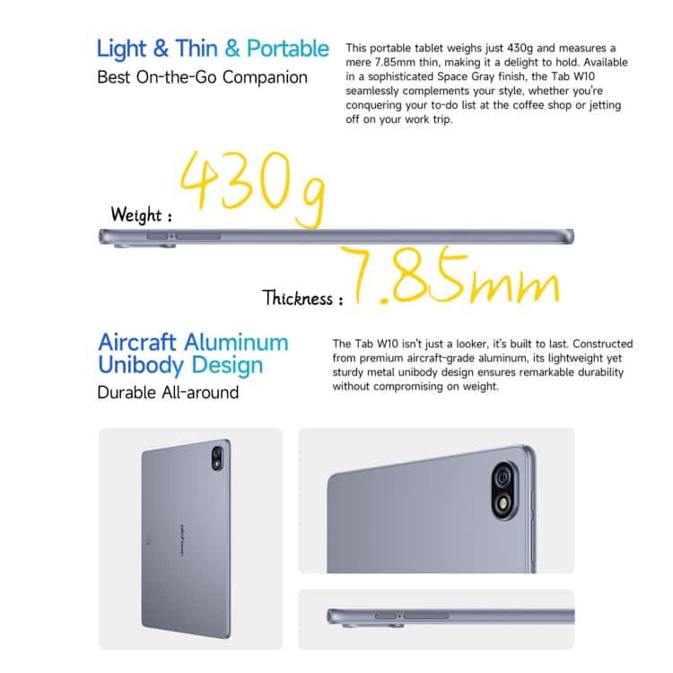 Ulefone Tab W10 10.1" Octa Core Android 14 Tablet PC, EU Plug - WiFi Enabled 6 Light, Thin, Portable Tablet With Aircraft-Grade Aluminum Unibody Design And Lightweight Build For Durability And Style. Perfect For On-The-Go Use, Weighing Just 430G With A Thickness Of 7.85Mm.