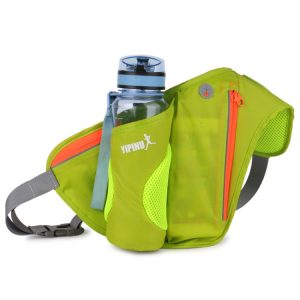 Water bottle in green running belt or hydration pack on white background, ideal for outdoor sports, jogging, and running, featuring storage compartments, adjustable straps, and hydration options, perfect for fitness enthusiasts.
