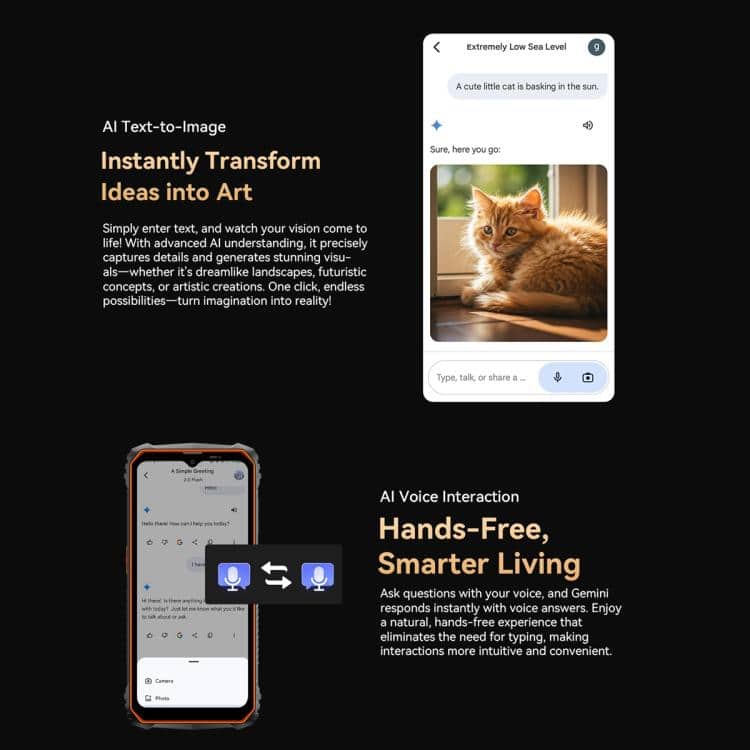 Blackview Oscal Marine 1: 6.56" Android 15, Octa Core, 4G NFC, OTG, 4GB+128GB 13 Ai-Generated Image Of A Smartphone Showing Easy-To-Use Voice Interaction And A Cute Cat Basking In Sunlight. The Visuals Emphasize Innovative Ai Technology And Hands-Free Living Solutions From Syndmart For Smarter, More Efficient Lifestyles.