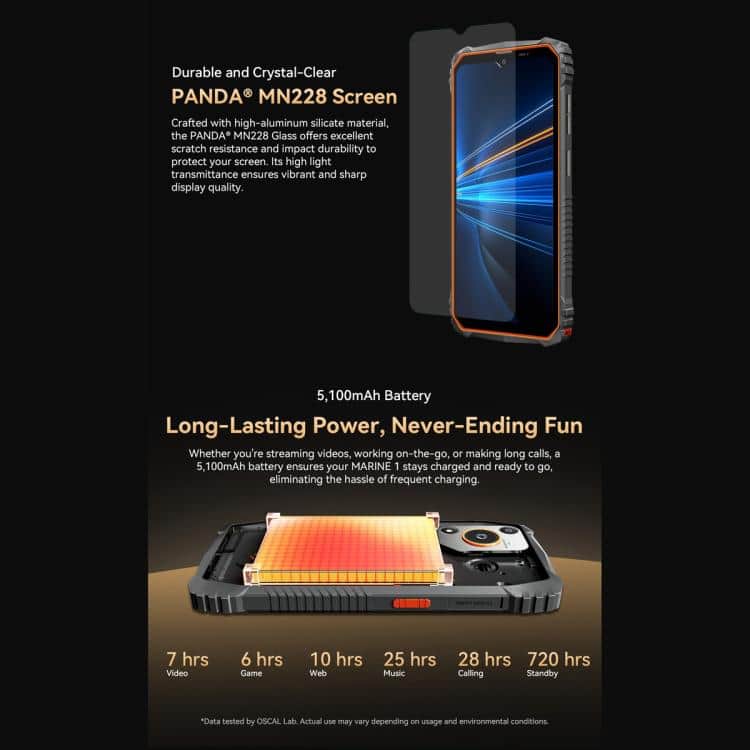 Blackview Oscal Marine 1: 6.56" Android 15, Octa Core, 4G NFC, OTG, 4GB+128GB 31 Panda Mn228 Screen With Durable Aluminum Silicone Material, Offers High Scratch Resistance And Vibrant Display Quality; Ideal For Rugged Smartphones.