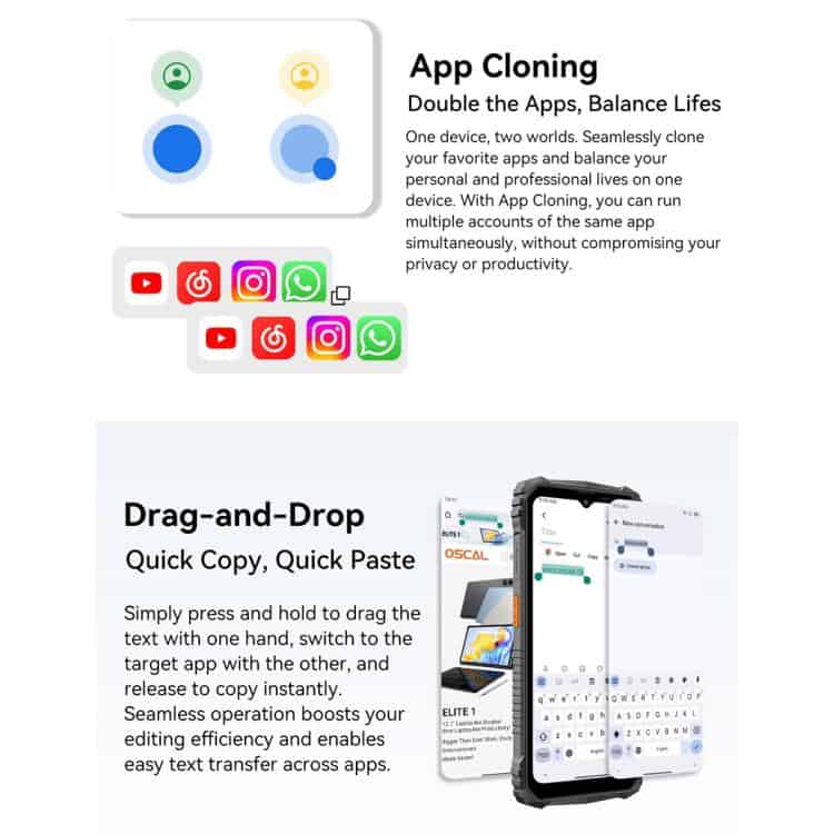 Blackview Oscal Marine 1: 6.56" Android 15, Octa Core, 4G NFC, OTG, 4GB+128GB 39 App Cloning, App Duplication, Multi-Account App Clone, Seamless App Switching, Social Media App Cloning, Private App Management, Android App Cloning, Professional App Cloning Tools, Duplicate Apps Without Data Loss, Secure App Cloning Solution.