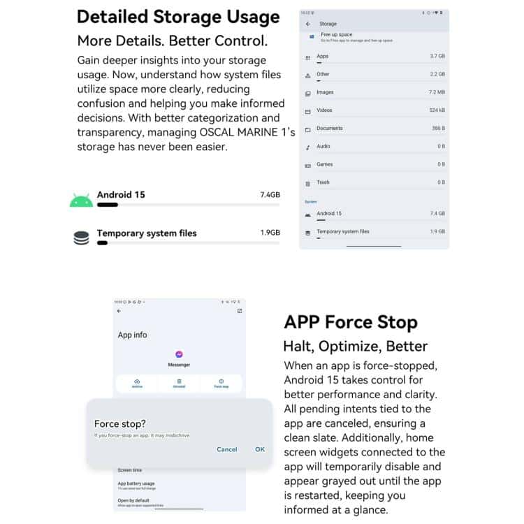 Blackview Oscal Marine 1: 6.56" Android 15, Octa Core, 4G NFC, OTG, 4GB+128GB 49 Android File Storage Management Screenshot Showing Detailed Usage And System Files.