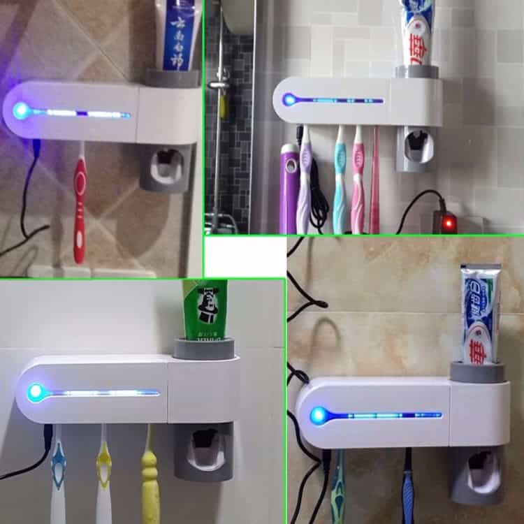UV Toothbrush Sterilizer & Automatic Toothpaste Dispenser with Storage Holder 12 Toothbrush Holder And Charger Station With Led Indicator, Mounted On Bathroom Wall For Convenient Organization And Charging Of Electric Toothbrushes.