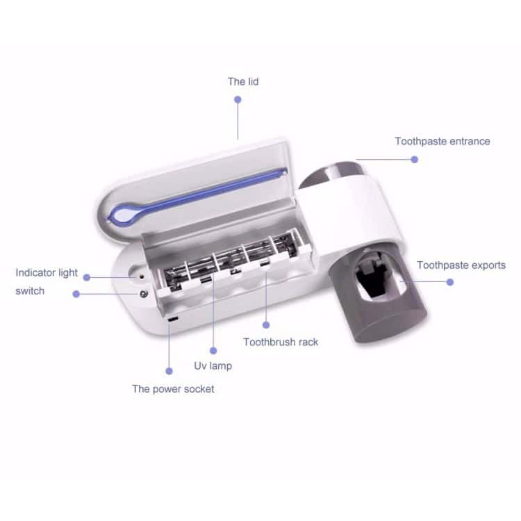UV Toothbrush Sterilizer & Automatic Toothpaste Dispenser with Storage Holder 6 Toothpaste Sterilizer With Uv Lamp, Toothbrush Rack, And Power Socket For Sanitizing Oral Hygiene Products - Ideal For Bathroom Use.