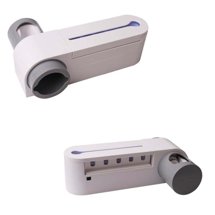 UV Toothbrush Sterilizer & Automatic Toothpaste Dispenser with Storage Holder 8 Alt Text: Compact Medical Or Laboratory Device With Cylindrical Openings And Sleek Design, Ideal For Sample Processing Or Fluid Handling In Healthcare Settings.