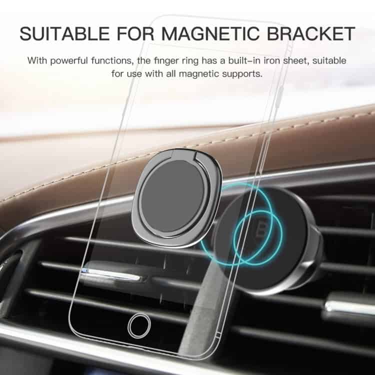 Universal 360° Rotatable Metal Ring Holder for iPhone Samsung HTC LG Huawei Galaxy 13 Magnetic Phone Holder With A Finger Ring Attached To A Smartphone On A Car Dashboard.