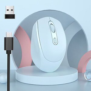 Wireless computer mouse on a white display stand with a USB receiver and charging cable, modern tech accessories, sleek and ergonomic design for computer and laptop use.