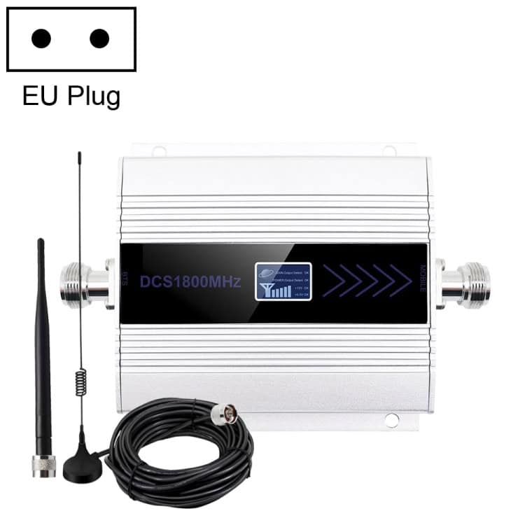 DCS-LTE 4G Signal Booster, US Plug, Silver - Boost Phone Signal Strength 1 Dcs1800Mhz Signal Booster With External Antenna, Coaxial Cable, And Eu Plug, High-Performance Telecommunications Equipment For Improved Signal Reception And Transmission.
