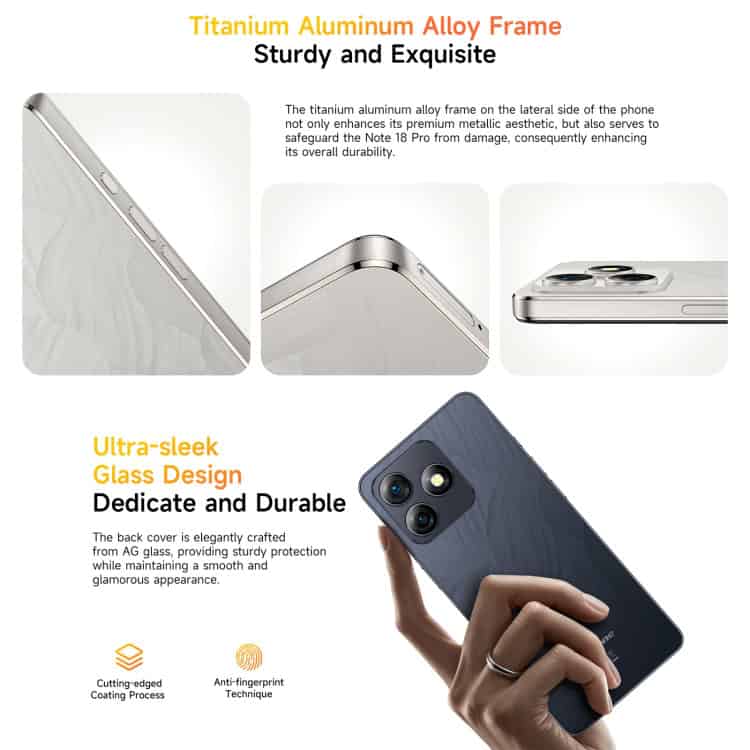 Ulefone Note 18 Pro 6GB+256GB Face ID, Fingerprint 6.78" Android 14 4G Dual SIM 10 Titanium Aluminum Alloy Phone Frame, Durable And Stylish, Enhances Metallic Aesthetic And Protects The Phone From Damage, Ensuring Long-Lasting Durability.
