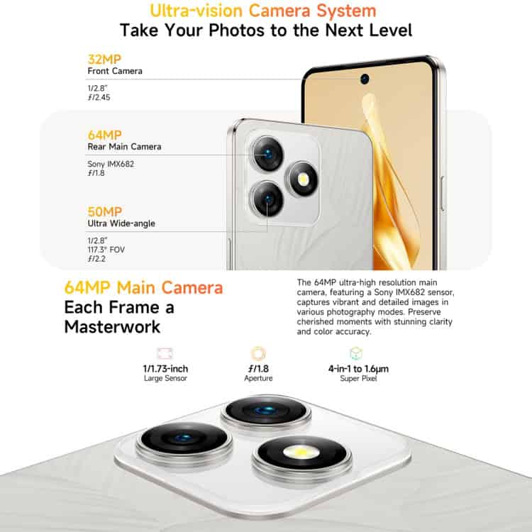 Ulefone Note 18 Pro 6GB+256GB Face ID, Fingerprint 6.78" Android 14 4G Dual SIM 11 High-Resolution Smartphone Camera System Showcasing 32Mp Front, 64Mp Rear Main, And 50Mp Ultra-Wide Lens For Stunning Photography.