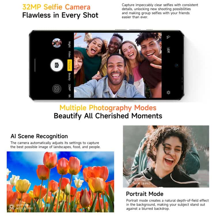 Ulefone Note 18 Pro 6GB+256GB Face ID, Fingerprint 6.78" Android 14 4G Dual SIM 13 32Mp Selfie Camera For Crystal-Clear Selfies, Perfect For Group Photos And Social Media.