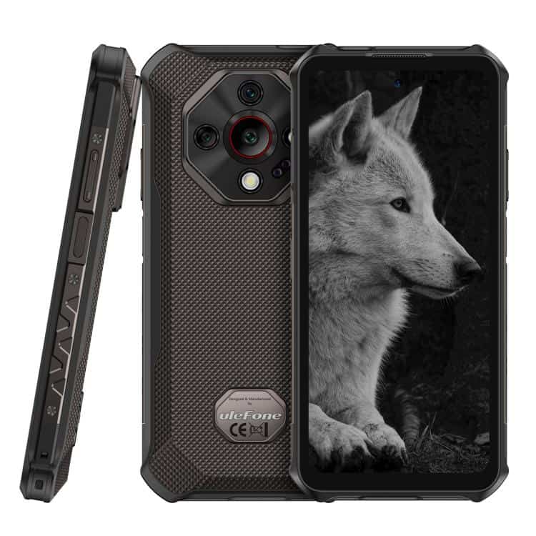 Ulefone Armor X16 Pro: 5GB+256GB, Night Vision, IP68/IP69K, 5G, NFC, OTG 1 Rugged Smartphone With Multiple Cameras And A Wolf Image On Screen For Outdoor And Adventure Photography.