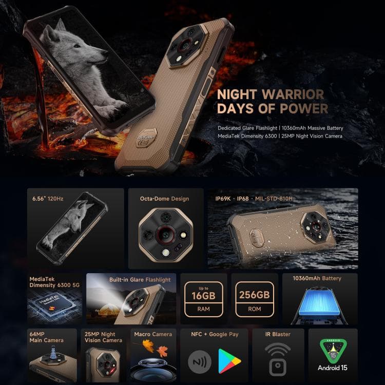 Ulefone Armor X16 Pro: 5GB+256GB, Night Vision, IP68/IP69K, 5G, NFC, OTG 5 Android 15 Rugged Smartphone With Built-In Glare Flashlight, 10630Mah Battery, Mediatek Dimensity 6300 Processor, 25Mp Night Vision Camera, Octa-Dome Design, Ip69K/Ip68 Mil-Std-810H Resistance, 64Mp Main Camera, Nfc, Google Pay, Ir Blaster, And Up To 16Gb Ram And 256Gb Rom, Ideal For Outdoor And Extreme Conditions.