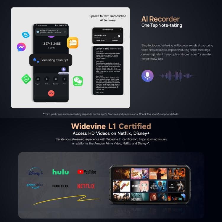 Ulefone Armor X16 Pro: 5GB+256GB, Night Vision, IP68/IP69K, 5G, NFC, OTG 14 Ai Voice Recorder App Capturing Voice And Video Calls For Instant Transcripts And Summaries, Compatible With Online Meetings For Smarter Follow-Ups.