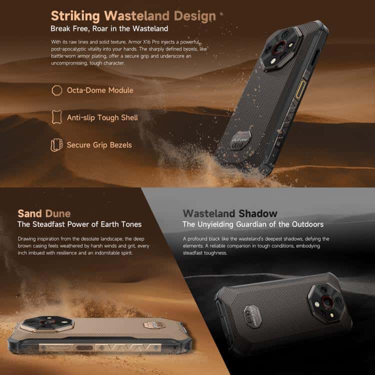 Ulefone Armor X16 Pro: 5GB+256GB, Night Vision, IP68/IP69K, 5G, NFC, OTG 6 Armor X16 Pro Rugged Smartphone With Anti-Slip Tough Shell, Secure Grip Bezels, And Octa-Dome Module Designed For Extreme Outdoor Conditions And Wilderness Adventures.