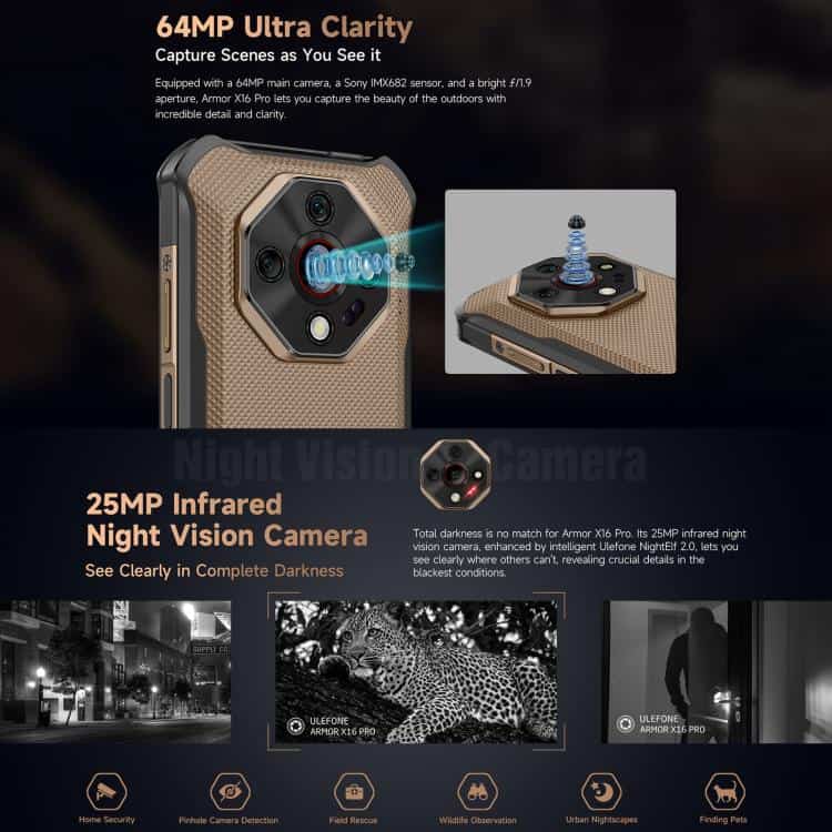 Ulefone Armor X16 Pro: 5GB+256GB, Night Vision, IP68/IP69K, 5G, NFC, OTG 8 64Mp Ultra Clarity Smartphone Camera For Stunning Outdoor Photography With Sony Imx682 Sensor And Bright F/1.9 Aperture.