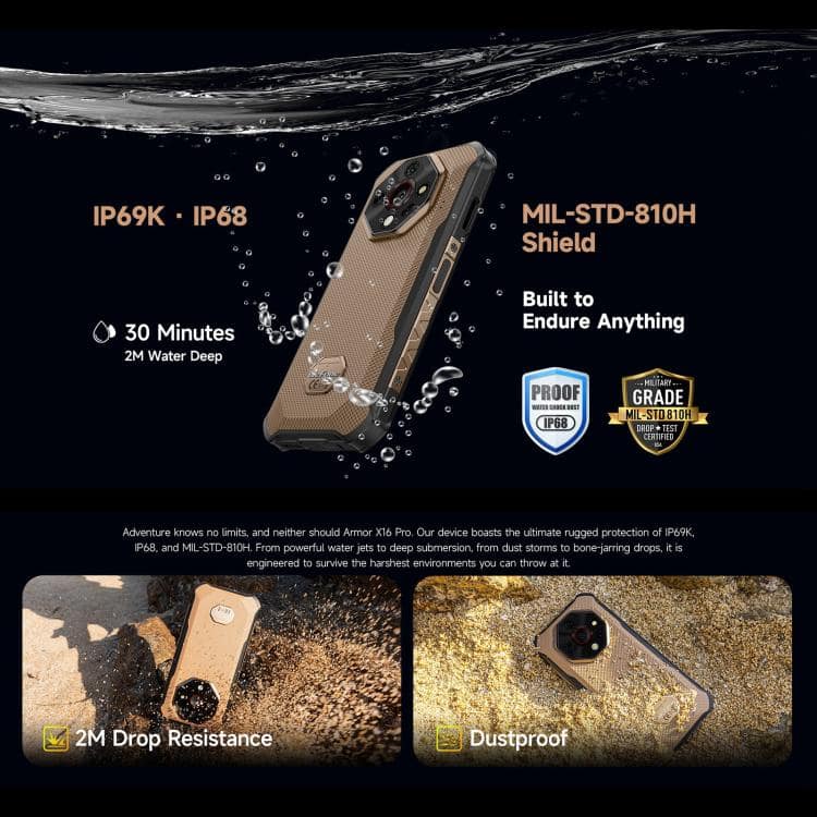 Ulefone Armor X16 Pro: 5GB+256GB, Night Vision, IP68/IP69K, 5G, NFC, OTG 10 Ip69K And Ip68 Waterproof Rugged Smartphone With Mil-Std-810H Durability, Suitable For Deep Water, Dustproof, And Drop Resistance, Designed For Harsh Environmental Conditions.