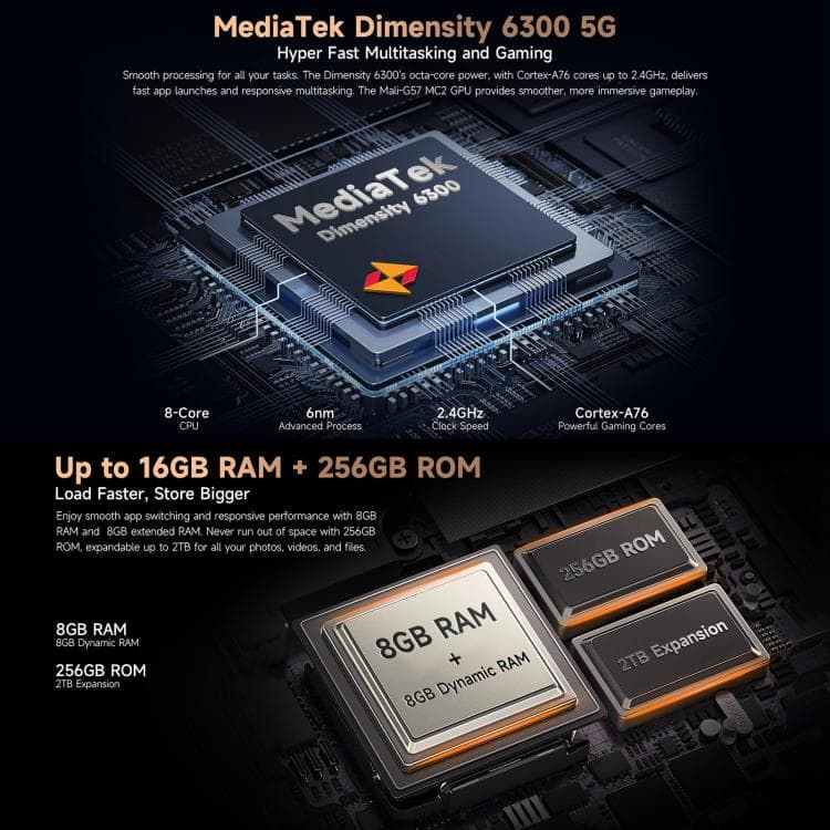 Ulefone Armor X16 Pro: 5GB+256GB, Night Vision, IP68/IP69K, 5G, NFC, OTG 12 Mediatek Dimensity 6300 5G Processor For Gaming And Multitasking, With Octa-Core Cpu, Cortex-A76 Cores, 6Nm Process, And 2.4Ghz Clock Speed, Optimized For High-Performance Smartphones.
