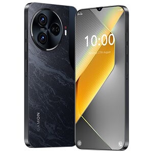 AI-powered smartphone with sleek black marble finish, triple-lens camera system, and vibrant display showcasing the date and time. Perfect for modern mobile photography and everyday use.