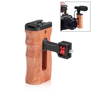 Custom wooden camera grip with mounting bracket for enhanced stability and professional photography equipment setup. Optimized for DSLR and mirrorless cameras.