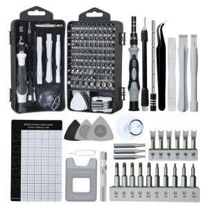 Precision electronics repair toolkit for smartphone and device repair, includes screwdrivers, prying tools, tweezers, and repair accessories for mobile phone, tablet, and tech device maintenance.