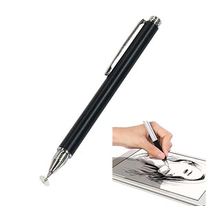 A digital drawing pen with a black body, metal tip, and a clip, used for creating detailed artwork on digital tablets, ideal for artists and illustrators.