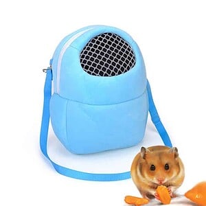 Blue pet hamster backpack with ventilation grid for small animals, stylish and practical hamster carrier for travel and outings.