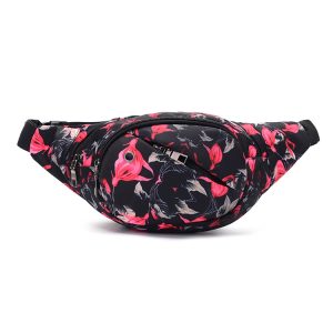 Pink and black floral patterned waist bag, stylish and functional accessory for travel, outdoor activities, and everyday use. Crafted with durable materials and secure zippers for convenience and security.