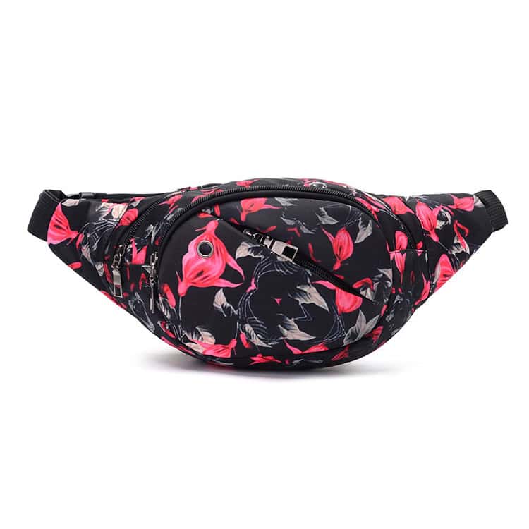 Stylish Color Print Ladies Waist Bag with Multiple Pockets - Outdoor Essential 1 Pink And Black Floral Patterned Waist Bag, Stylish And Functional Accessory For Travel, Outdoor Activities, And Everyday Use. Crafted With Durable Materials And Secure Zippers For Convenience And Security.
