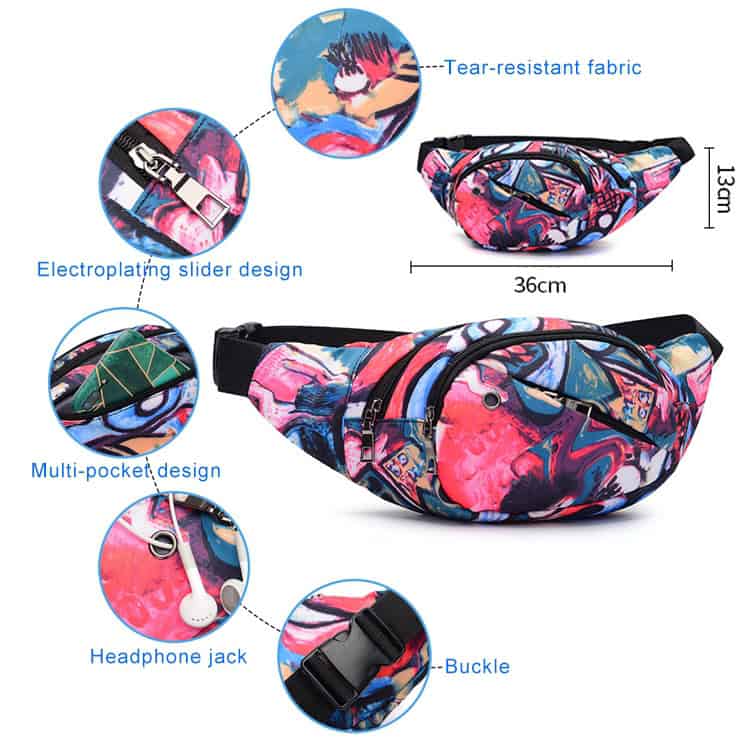 Stylish Color Print Ladies Waist Bag with Multiple Pockets - Outdoor Essential 4 Bright Colorful Graffiti-Style Fanny Pack With Tear-Resistant Fabric, Multiple Pockets, And Headphone Jack For Practical Travel And Active Lifestyle Use.
