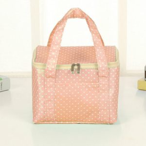Pink polka dot insulated lunch bag for women and kids, portable picnic cooler, stylish and reusable thermal lunch box from Syndmart.