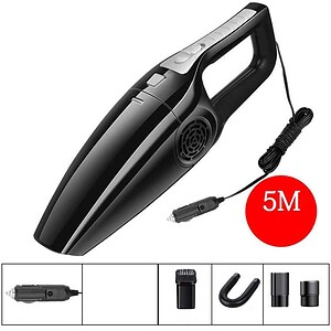 High-powered portable handheld vacuum cleaner with 5-meter cord, ideal for car cleaning and quick tidy-ups, featuring multiple attachments for versatile cleaning.