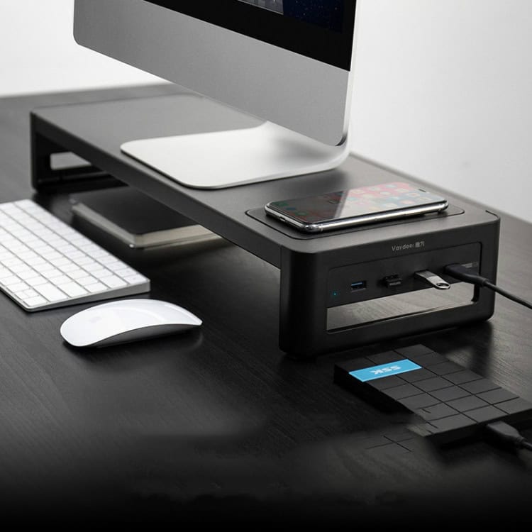 Vaydeer Monitor Stand with Increased Desktop Screen Storage - Sleek Space Saver 7 Modern Desktop Workspace With Imac, Wireless Keyboard, Mouse, Smartphone, And Portable Ssd On Black Desk Stand, Emphasizing Efficient Office Setup And Technology Organization For Seo Keywords Like Computer Accessories, Desk Setup, And Tech Workspace Viability.
