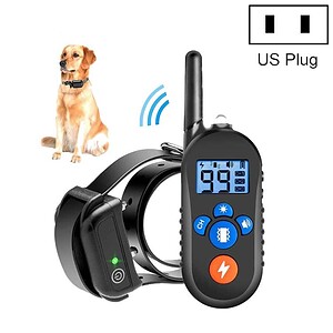 Wireless dog training collar with remote control, adjustable settings, and US plug power adapter for effective pet behavior training. Ideal for obedience and bark control.