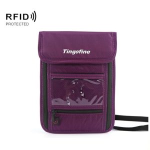 RFID protected purple shoulder bag with clear plastic front pocket, multiple zippered compartments, and adjustable strap for daily use and security.
