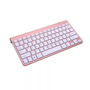 Wireless pink keyboard with white keys, ideal for home and office use, modern design, compact, and portable for seamless typing experience. Suitable for tech enthusiasts and remote workers.